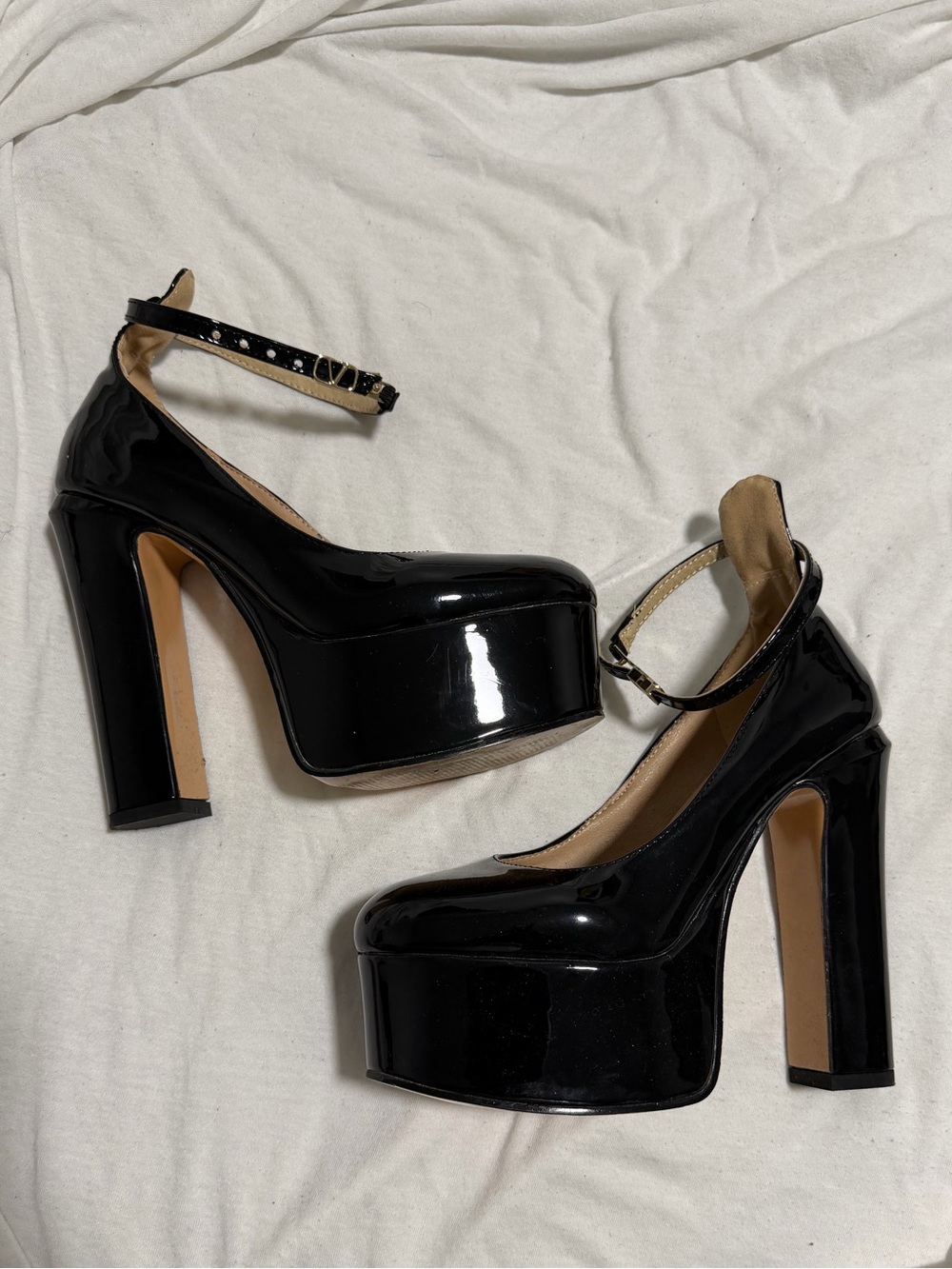 Black Patent Platform Mary Jane Heels with Ankle Strap